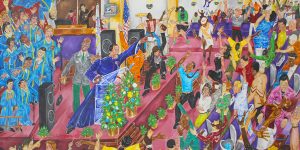 This colorful painting depicts a church congregation in the middle of worship. A preacher on the far left of the painting wearing a blue robe points to the sky as congregants dance and shout.