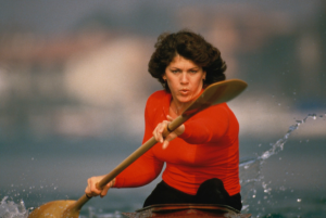 Olympic sprint canoeist Cathy Marino pictured rowing during a practice race for the 1984 Olympic games.