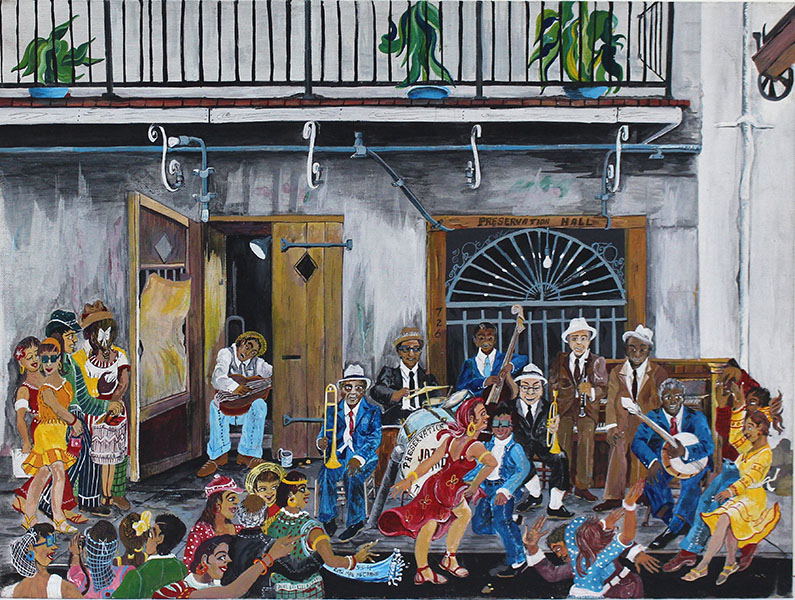 A stylized painting of people dancing to a jazz band in the street.