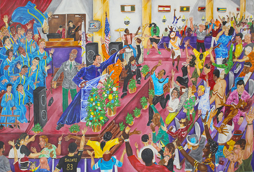 A stylized painting of a pastor giving a sermon to the congregation.