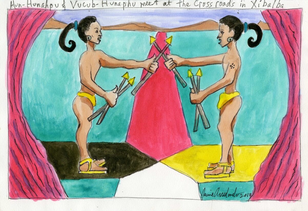 Two men carrying arrows face each other at a crossroad. In the background, mountains stand in the far distance.