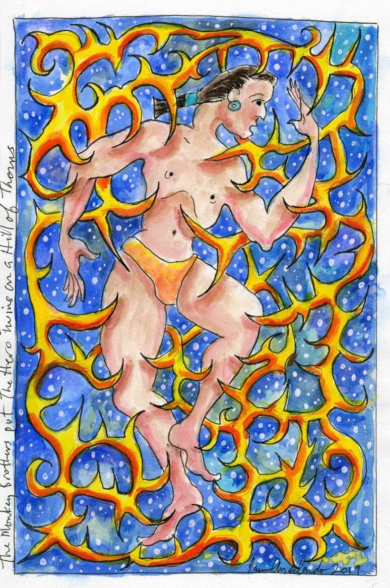 A man lays uncomfortably on a bed of yellow thorns.