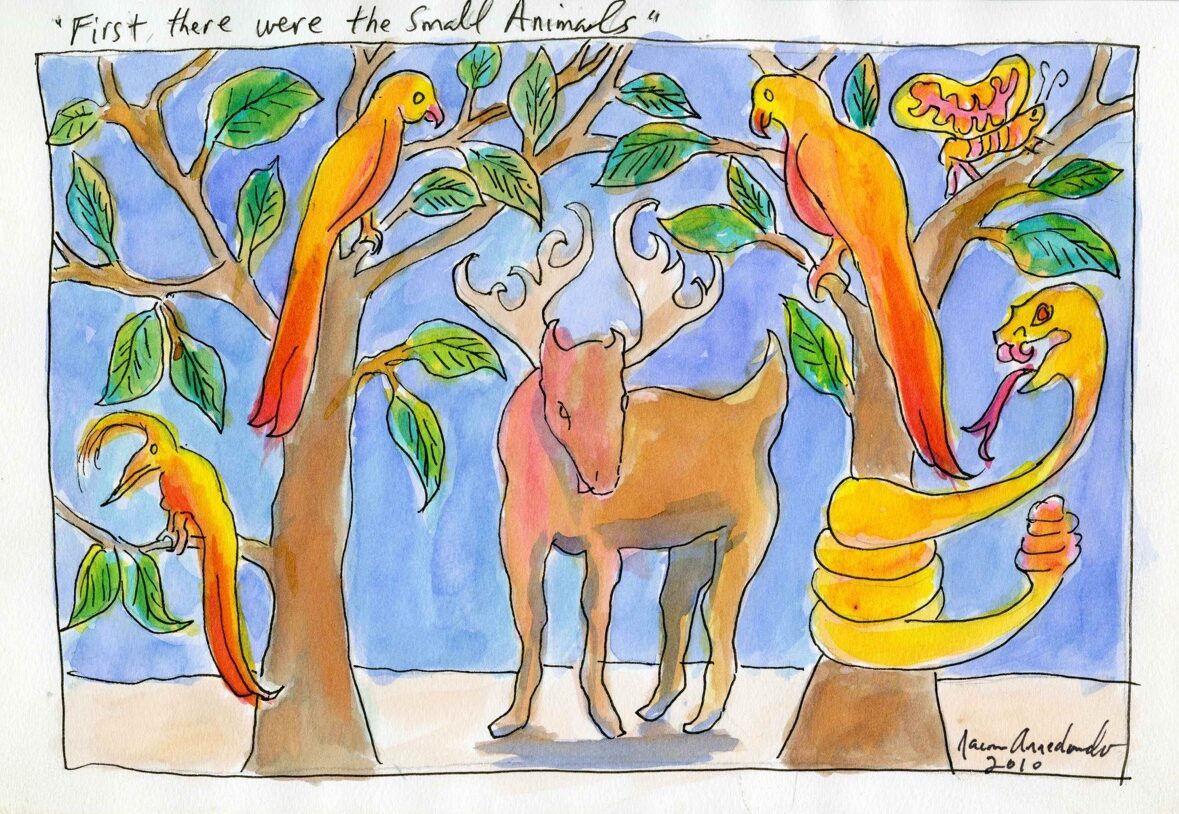 A reindeer buck stands in between two trees. A snake, three birds and a butterfly rest in the tree branches.