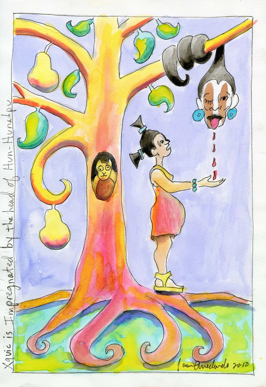 Xquic stands beneath a tree where the head of Hun-Hunahpu hangs by its hair. The tree bears pear fruit and an owl sits in the hollowed out trunk.