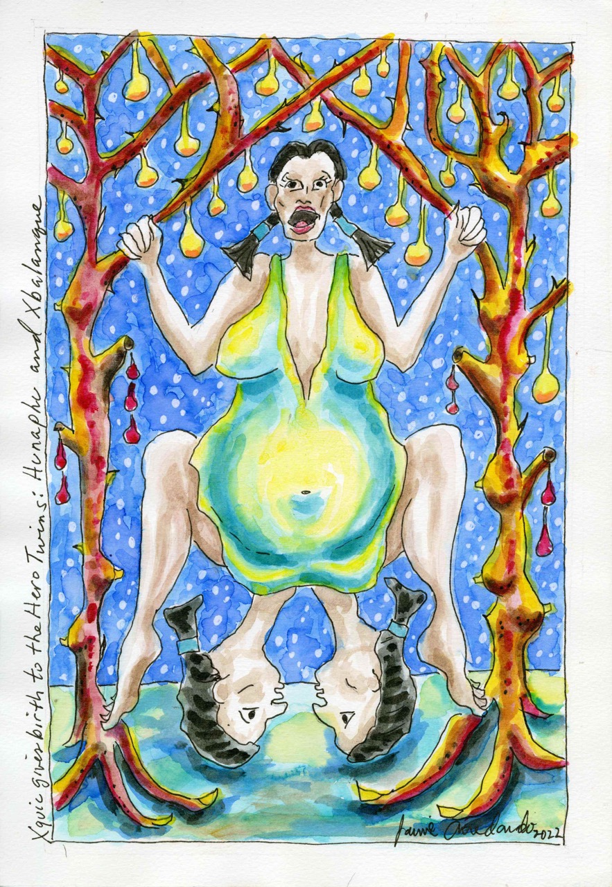 Xquic, holding branches in each hand, squats between two trees. The heads of two figures emerge from between her legs.