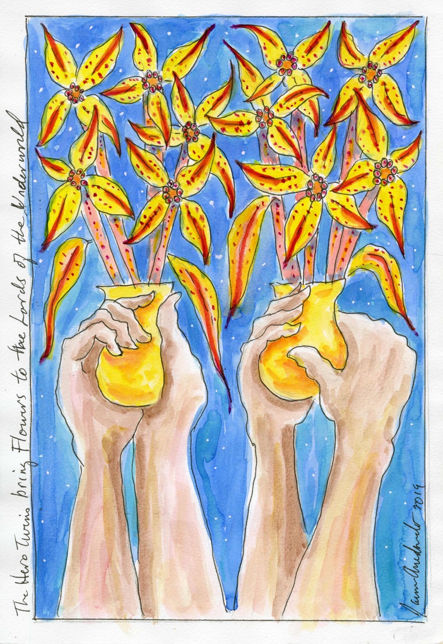 Two pairs of hands lift vases of yellow flowers.