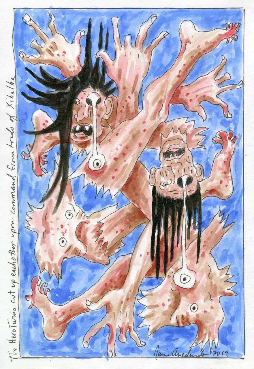 Fragmented body parts scattered across a blue background.