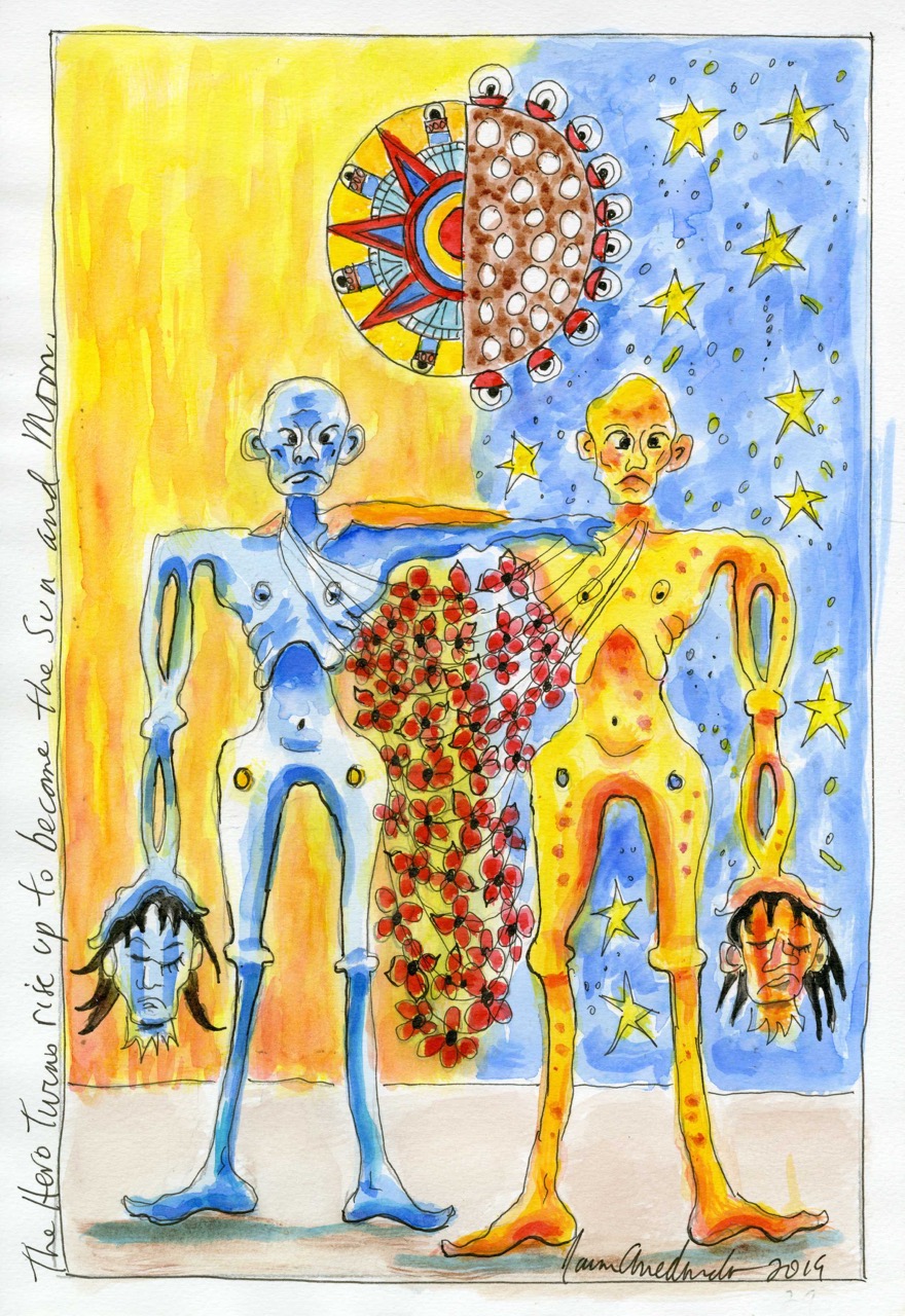 Two figures face the viewer. The yellow figure is shown on the right side of the image, against a blue background with yellow stars. The blue figure, pictured on the left side of the image, stands against a yellow background. Both figures hold a human head in their hand.