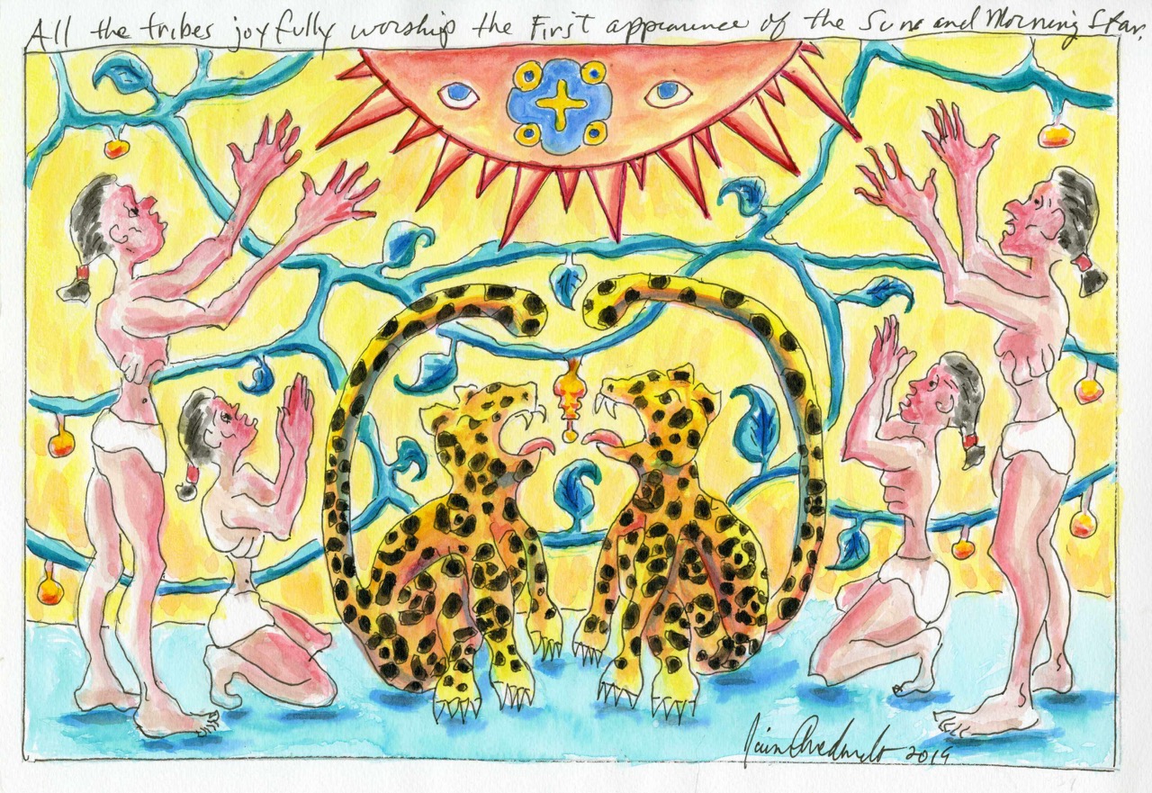 Four people lift their hands to the sun in worship. Two jaguars sit in the middle of the image, their tails lifted, mirroring one another.