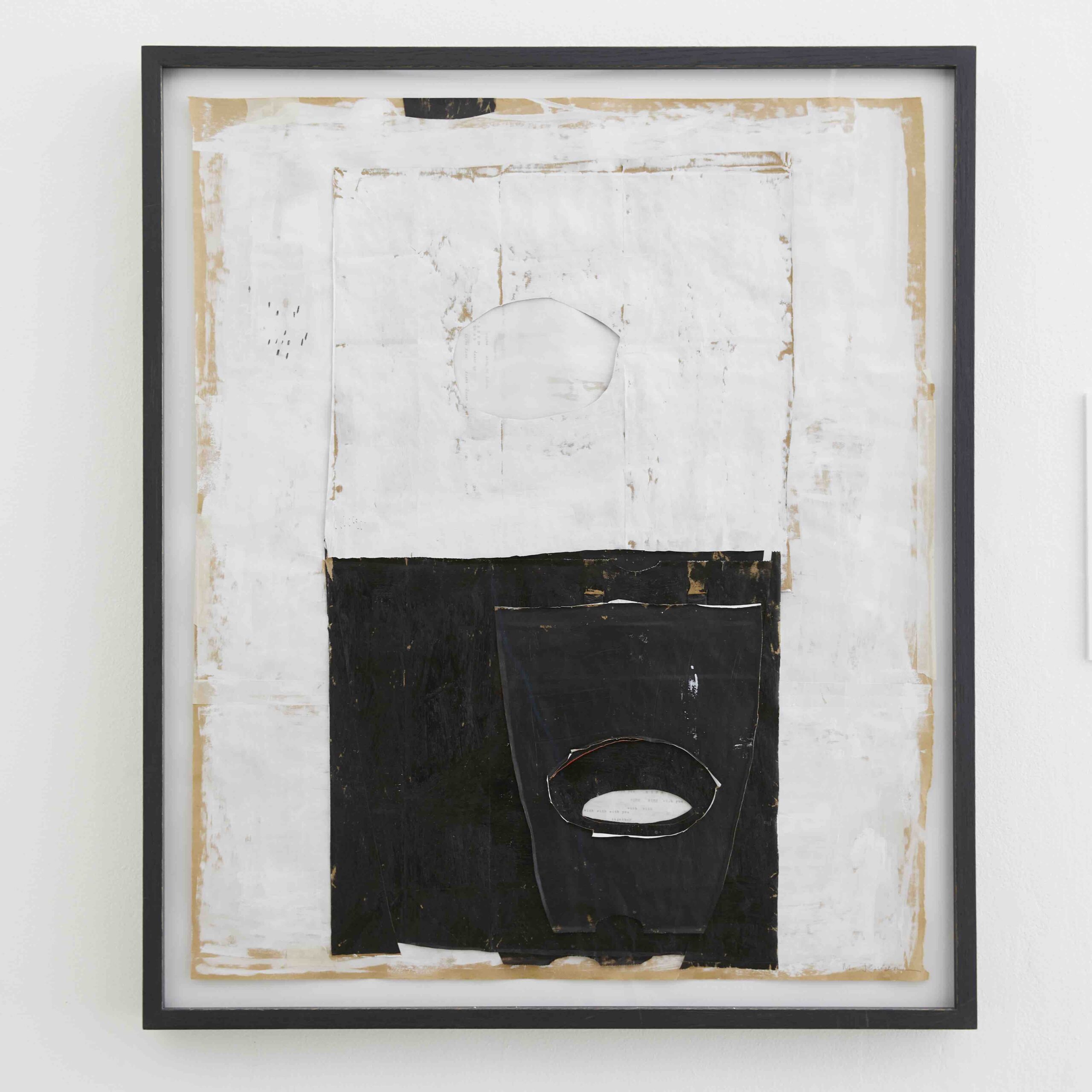 A paper grocery bag is flattened against a larger paper bag. The bag in the background is painted white, and the bag in the foreground is painted white on the top half and painted black on the bottom half. The assemblage is framed against a white background.