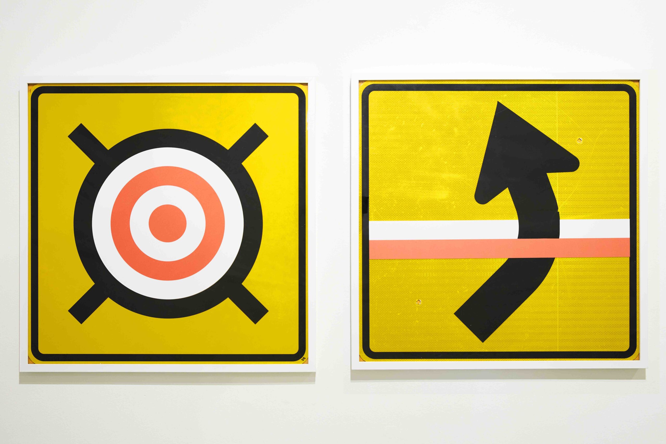 (On the left) A orange, white, and black circular target sits at the center of a square, bright yellow background. (On the right) A curved arrow points upward against a square, bright yellow background. Horizontally parallel orange and yellow lines cut across the arrow in the center of the object.