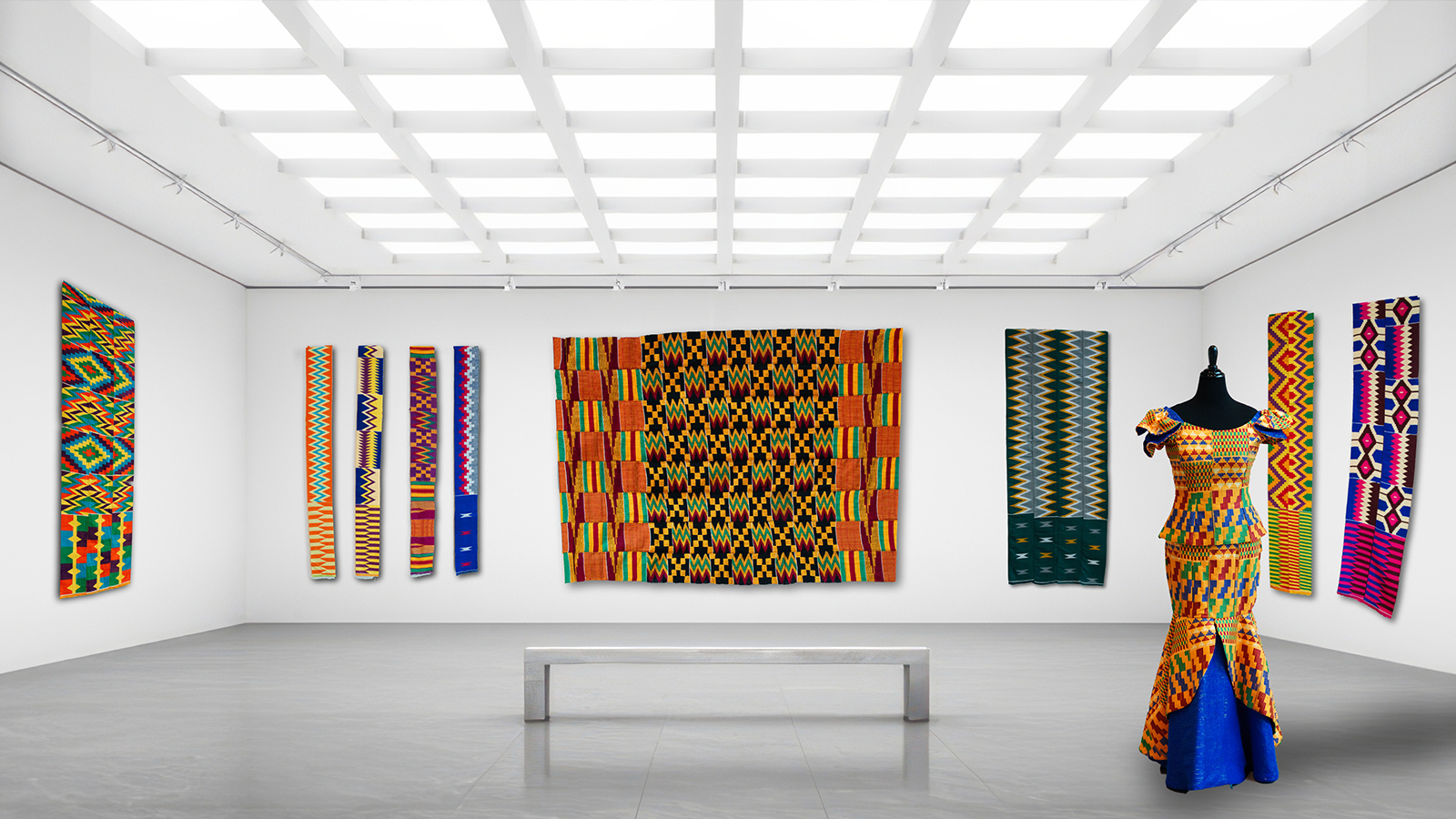 Digital installation mockup with peplum and long skirt featuring the Obaa Pa (Good Woman) motif in the foreground and various kente motifs in the background, 20