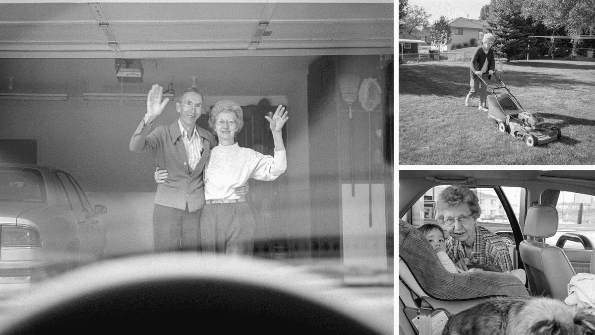 Collage of Deanna Dikeman's parents waving, her mother mowing, and her mother next to her baby in a car seat.