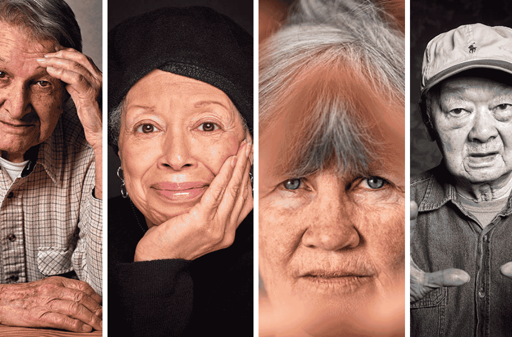 Image collage of four portraits of older people, two women and two men.