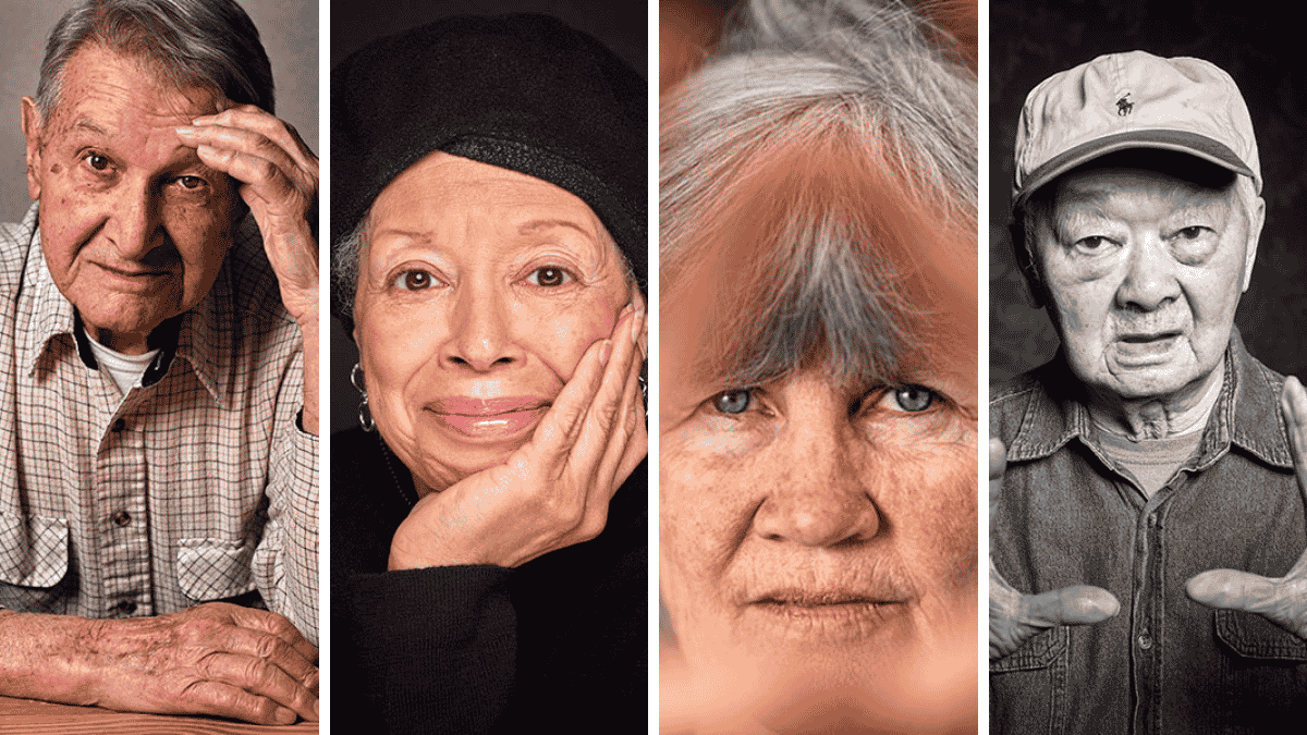 Image collage of four portraits of older people, two women and two men.